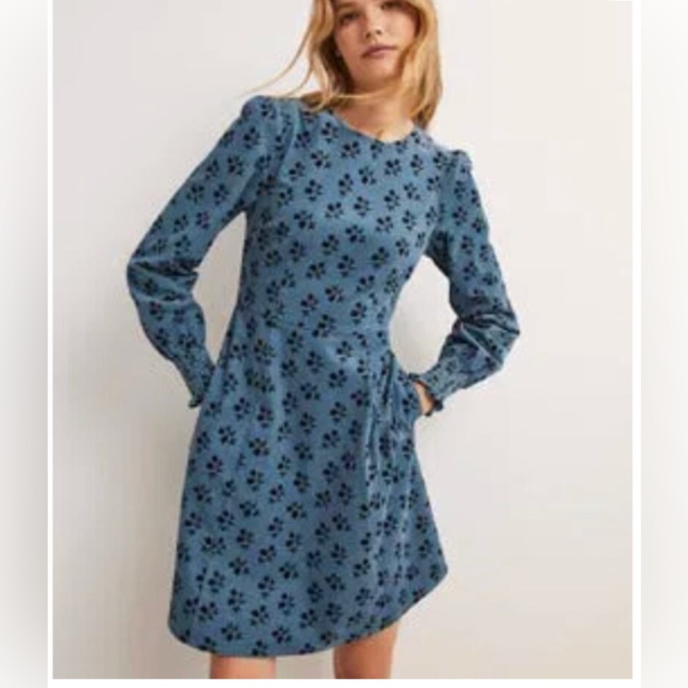 Boden Smocked Sleeve Blue Corduroy Dress 10 Long